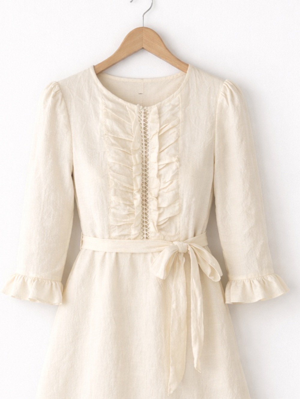 Cream Ruffle Lace Tie Waist Dress Boho Cottagecore Dress M - Picture 4 of 4